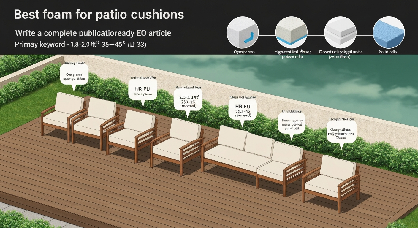 Illustrated patio scene with dining chair, deep-seat sofa, chaise, and bench labeled with recommended foam types and specs; three inset cross-sections show reticulated foam (open pores draining water), HR foam (dense springy cells), and closed-cell PE foam (sealed cells).