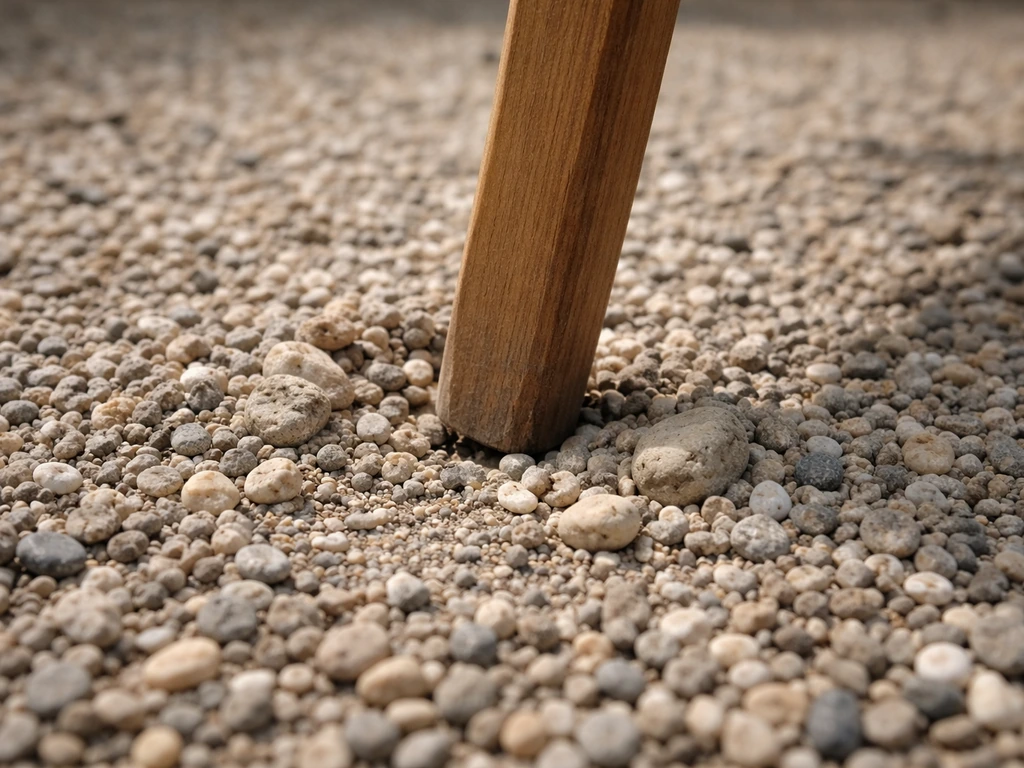 Close-up of a chair leg pressing into pea gravel, stones shifting and wobbling around it.
