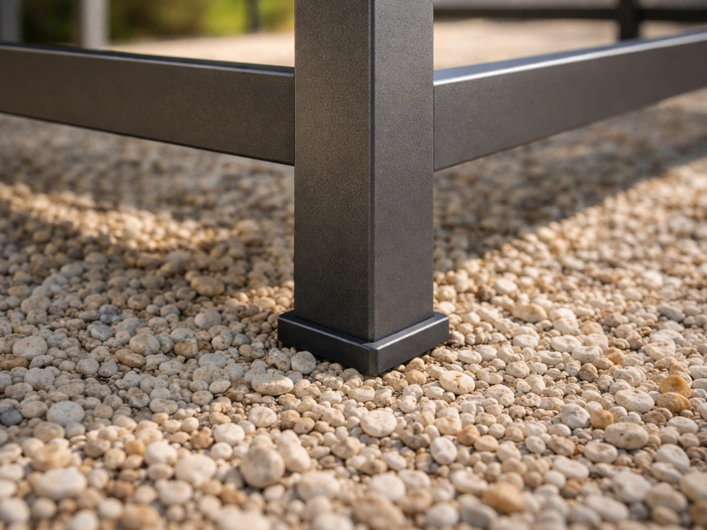 Powder-coated aluminum patio frame legs with wide feet resting steadily on pea gravel.