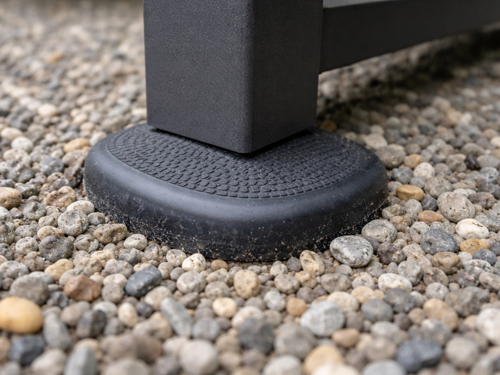 Close-up of a wide rubber/silicone foot pad pressed into pea gravel for stability