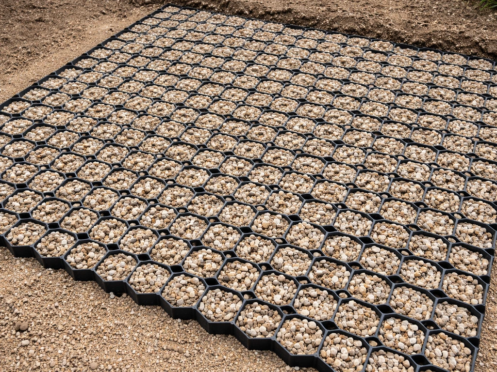 Close-up of plastic honeycomb gravel grid filled with pea gravel, installed in a DIY yard.