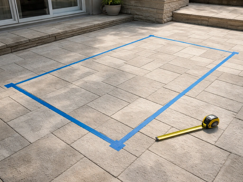 Patio floor marked with painter’s tape for a dining footprint, with a tape measure nearby.