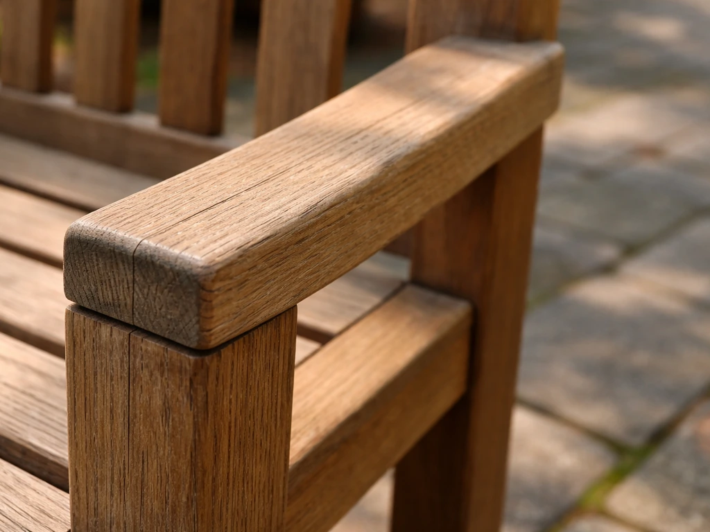 Close-up of a teak outdoor chair showing tight grain and weathered joinery.