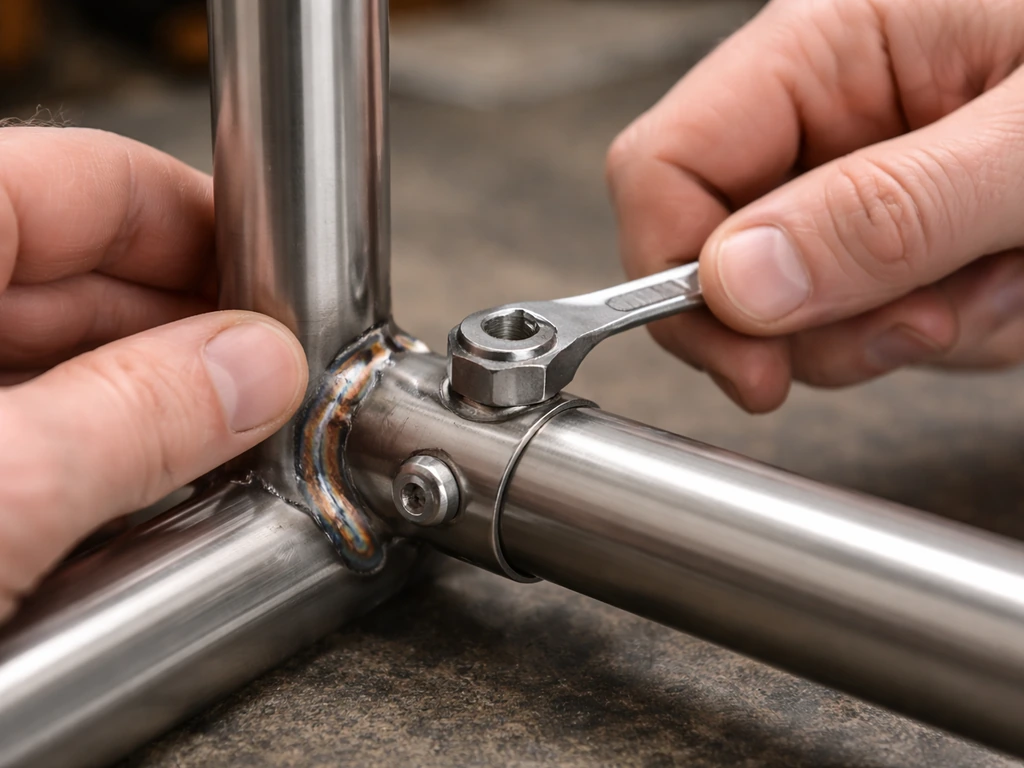 Close-up of hands inspecting a metal frame weld and tightening a fastener with a wrench