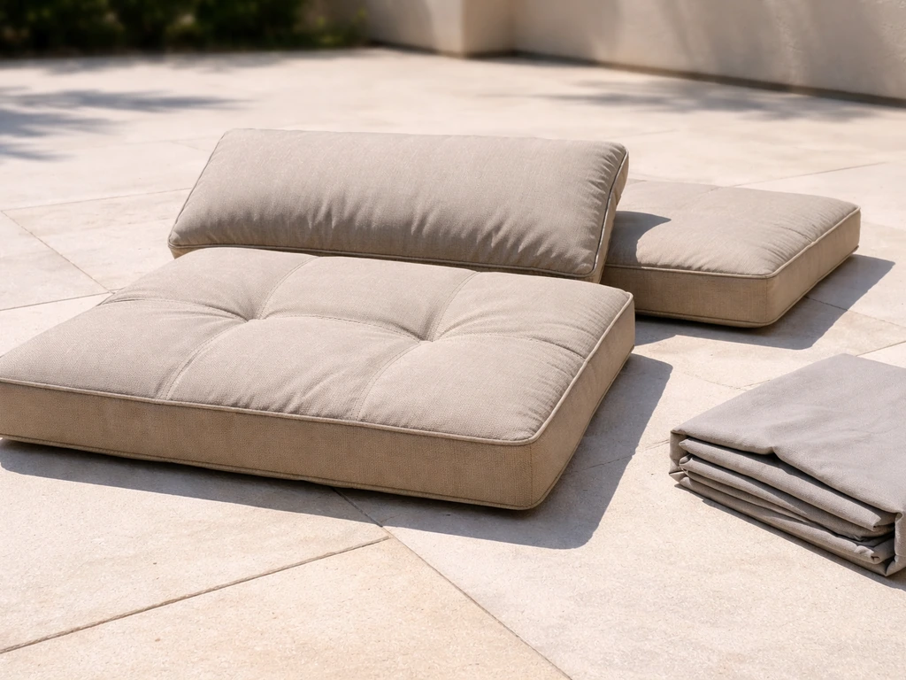 Outdoor cushions laid out in sunlight to air dry, with breathable cover nearby for proper storage.