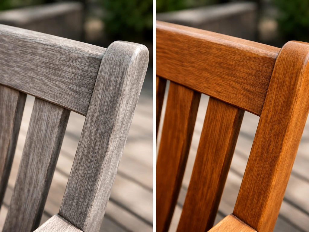 Side-by-side closeups of weathered gray wood patio furniture and freshly treated wood with a clear protective finish.