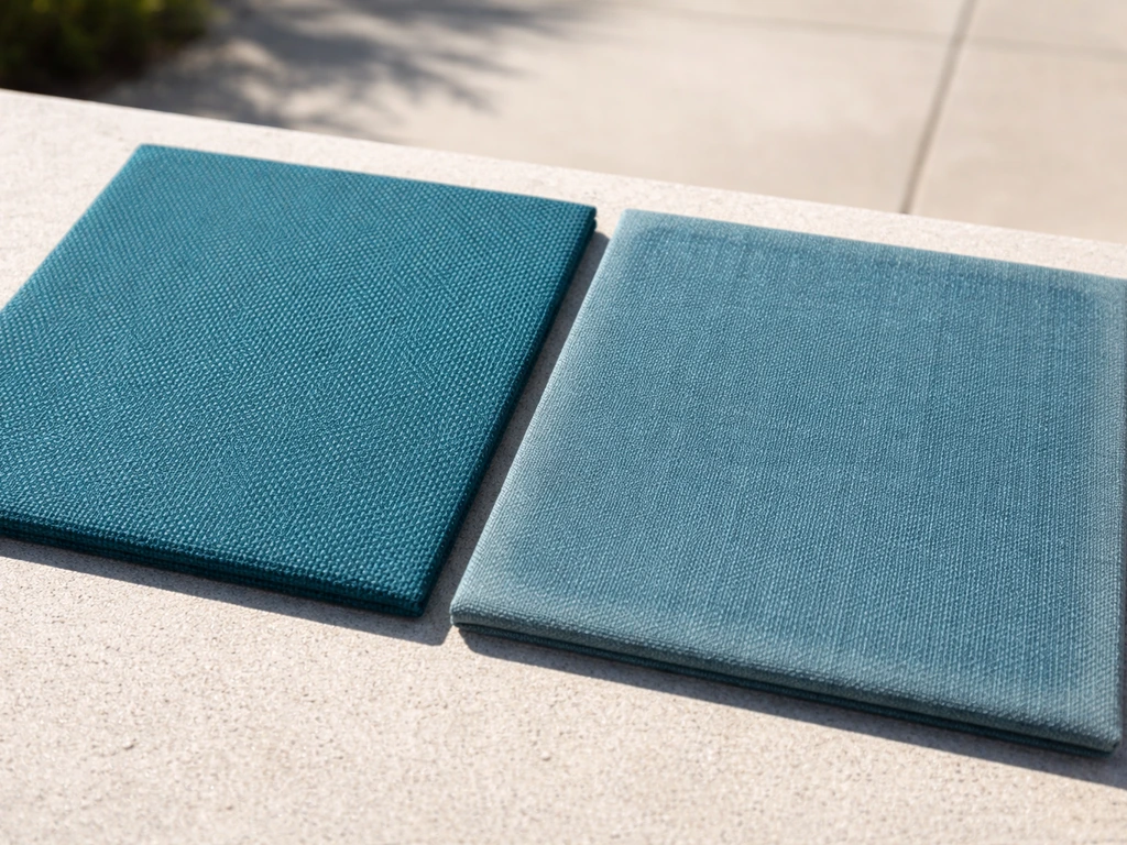 Closeup of outdoor cushion fabric showing deep, UV-stable color in bright sun with subtle texture.