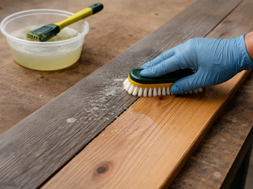 Gloved hand scrubs a gray-oxidized wood board, brightening it to a clean ready-to-seal surface.