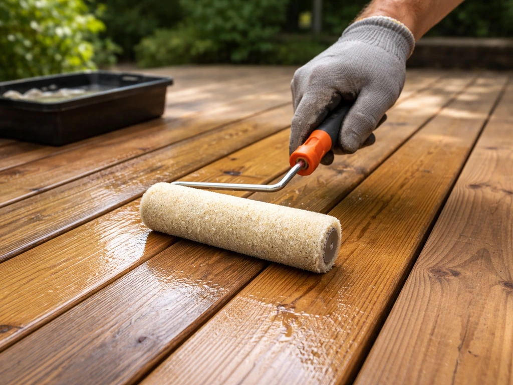 Hand applying UV-blocking penetrating wood sealer to patio boards with a roller, wet sheen visible.