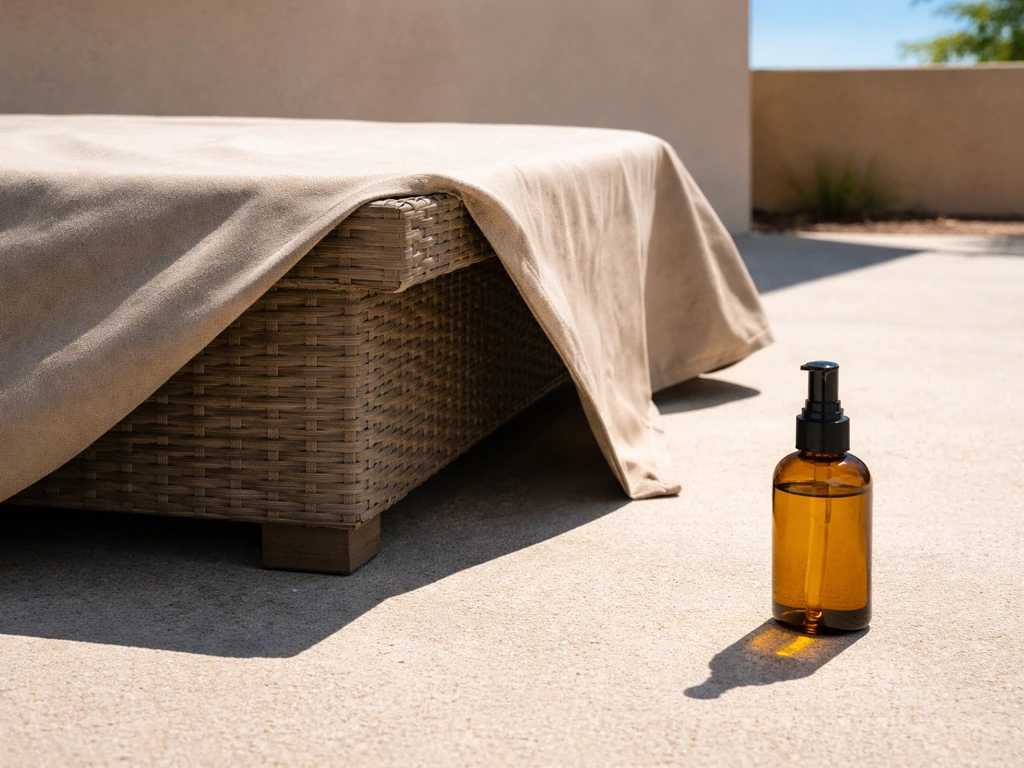 Minimal photo of a patio surface with a protective cover and a bottle-like container under bright sun