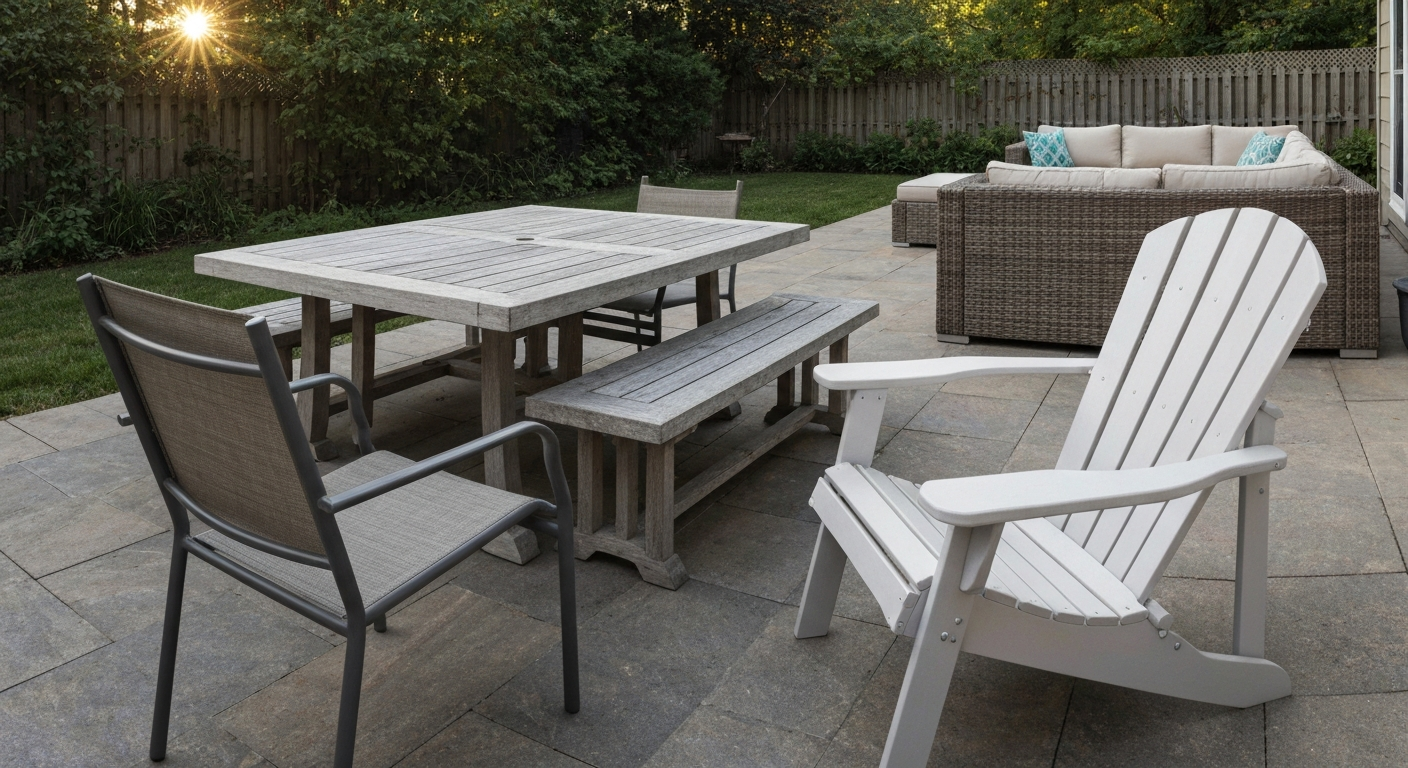 Sunlit patio with waxed aluminum and plastic chairs glossy and a weathered teak table dull, illustrating where car wax helps and where it doesn't.