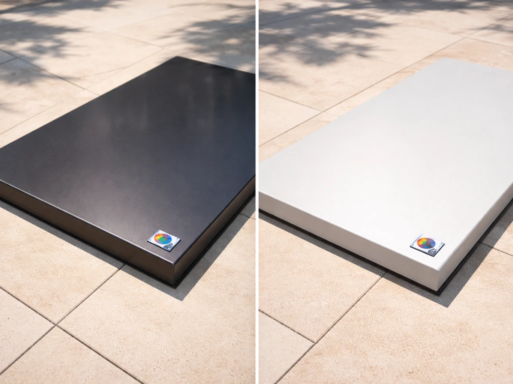 Split view of dark versus light powder-coated metal outdoors showing heat impact in sunlight.