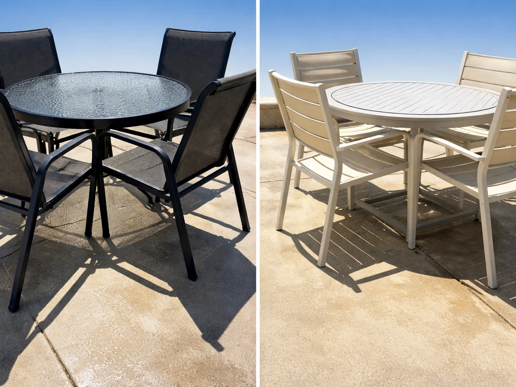 Sunlit patio showing dark navy/black vs light-colored metal furniture with strong glare and heat effect.