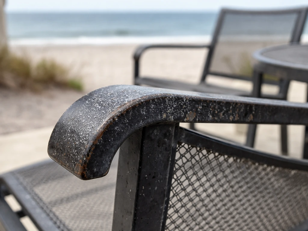 Weathered metal patio furniture near the shoreline with salt residue and early coating wear