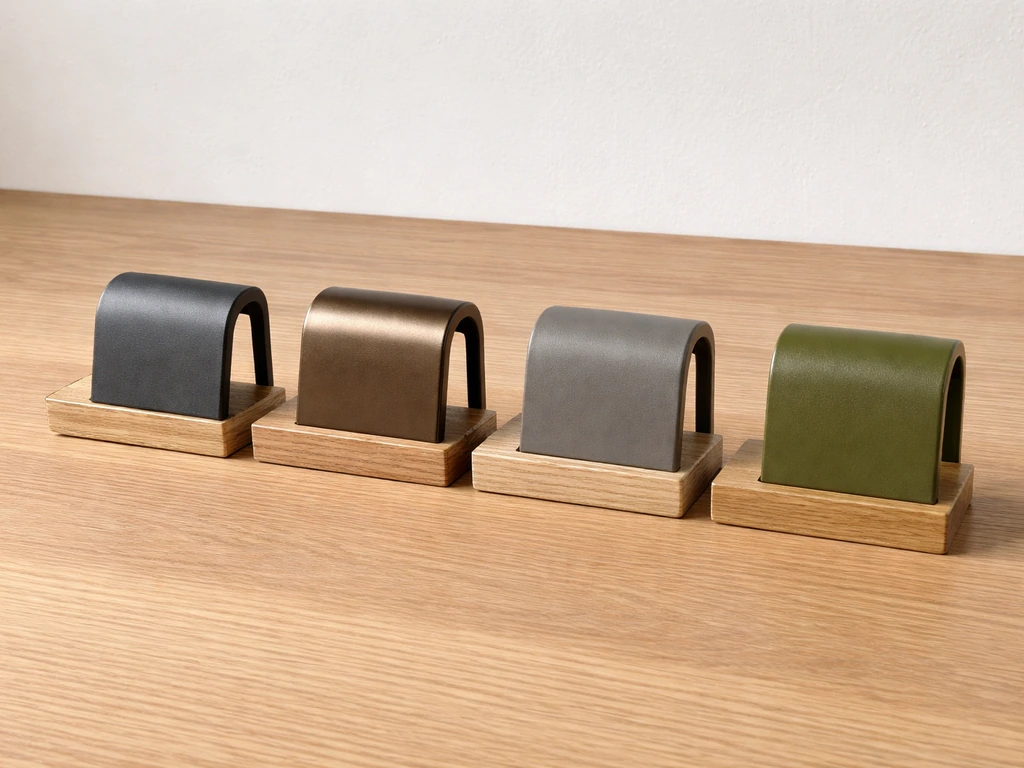 Minimal set of small furniture pieces in charcoal gray, bronze, warm gray, and olive finishes under natural light.