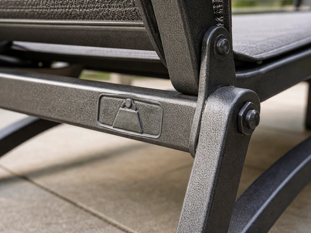Close-up of a heavy-duty patio chair frame with a stamped capacity rating and sturdy steel joints.