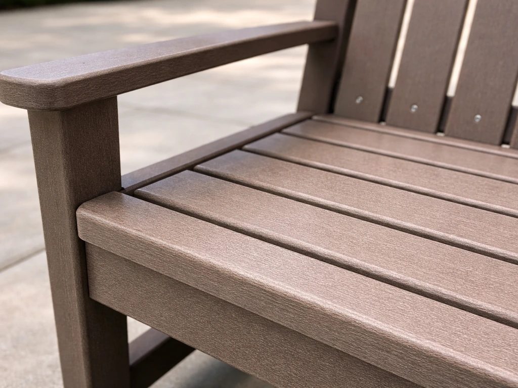 Close-up of an outdoor recycled poly lumber bench slat surface, smooth UV-stable texture, no splintering.