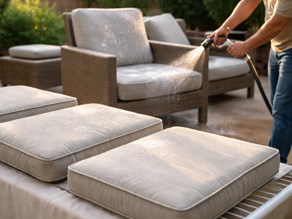 Adult rinsing outdoor furniture while cushions dry and are neatly prepared for seasonal storage.