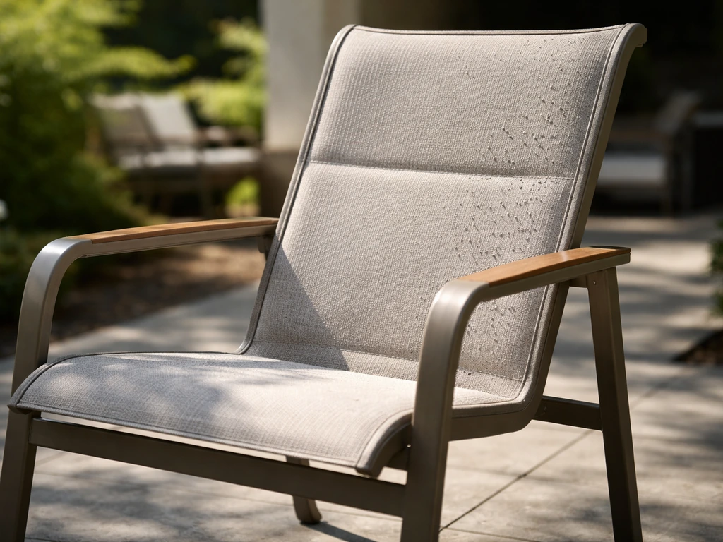 One patio chair in sun and shade, showing outdoor fabric texture that resists UV and mold.