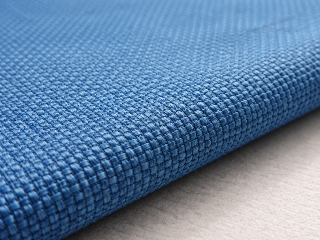 Close-up macro of brightly colored solution-dyed acrylic fabric weave with even dye-in-the-fiber saturation.