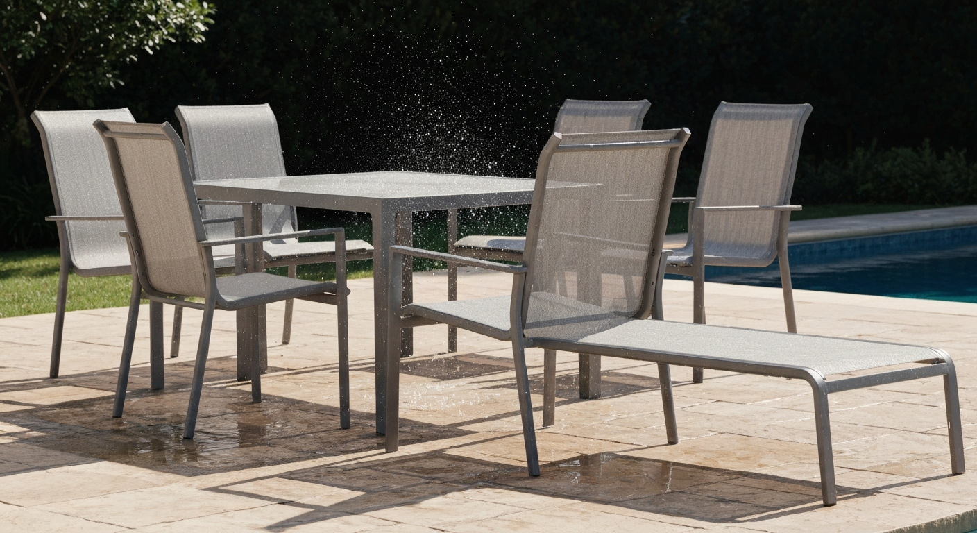 Photorealistic poolside scene with aluminum-frame sling dining chairs and a sling chaise showing water beading and draining from the sling fabric.