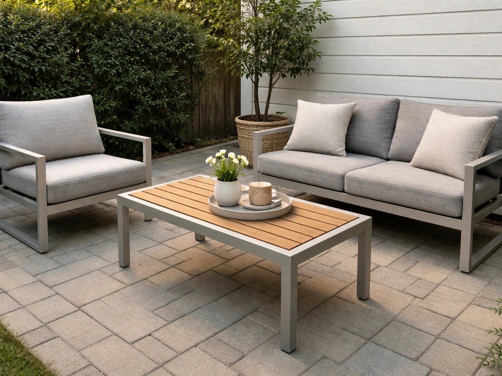 Outdoor patio seating showing aluminum frame, wood slats, and synthetic cushions in natural light