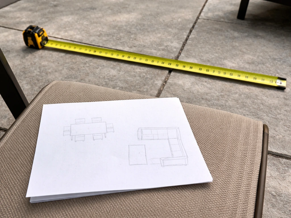 Close-up of a tape measure on a patio with a simple dining and lounge layout sketched on paper