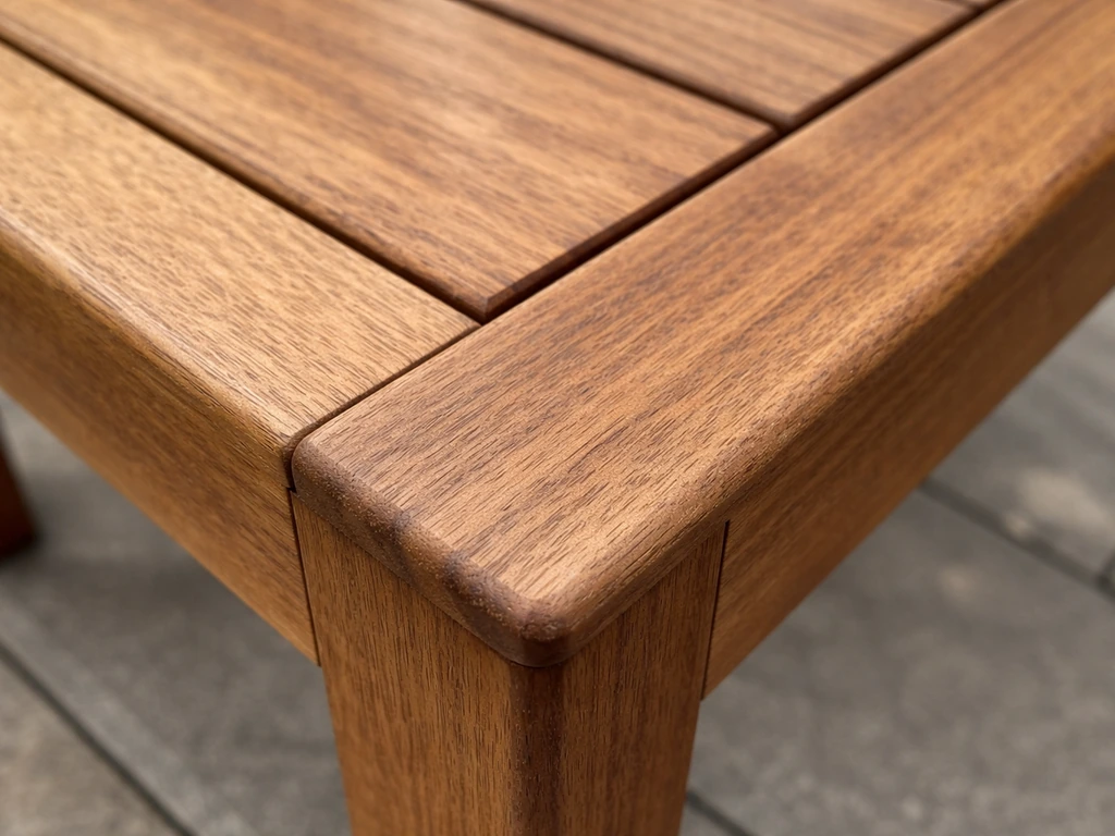 Close-up of teak furniture corner joint showing detailed wood grain and durable outdoor finish.