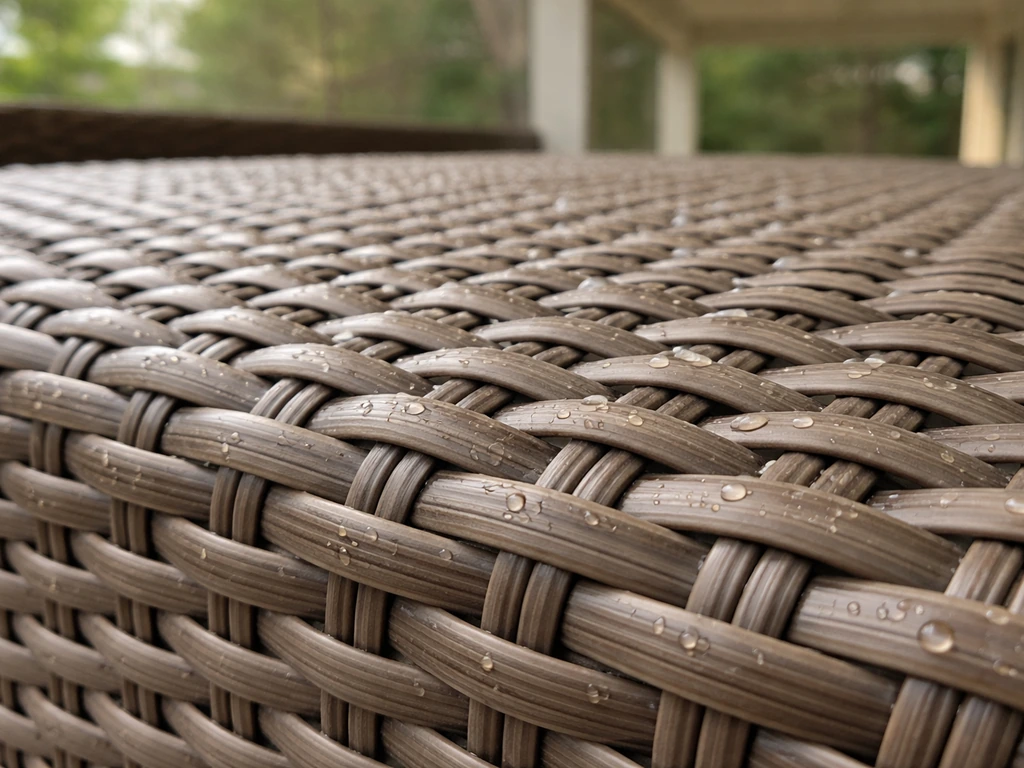 Close-up of synthetic resin wicker on a covered patio with visible tight weave and water-shedding droplets.