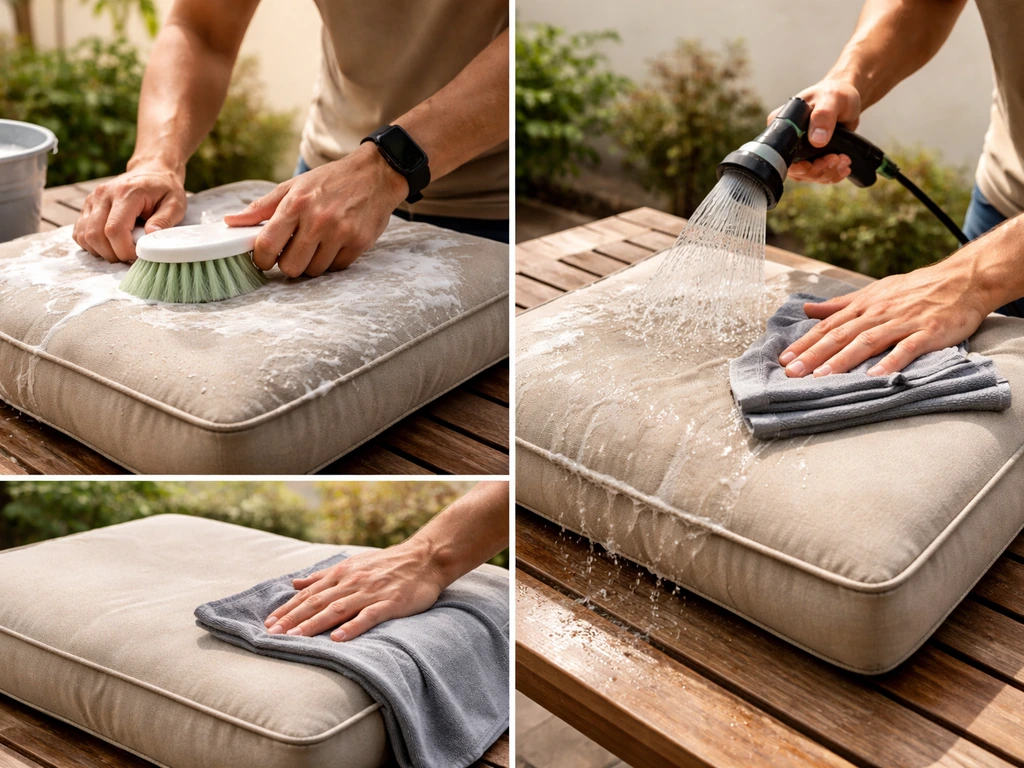 Person rinsing and scrubbing patio cushions with mild soap, then wiping dry to prevent mildew.