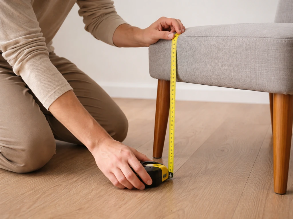 Close-up of hands measuring seat height with a tape measure from the floor to the seat surface.