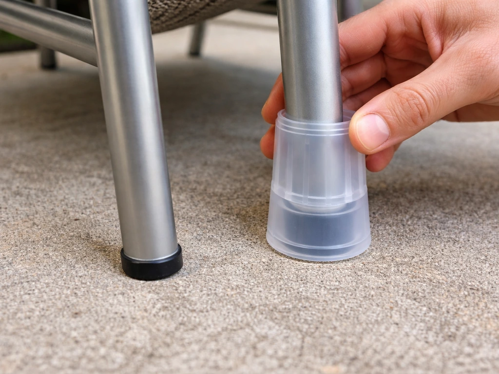 Closeup of slipping plastic leg risers onto patio chair legs to raise seat height
