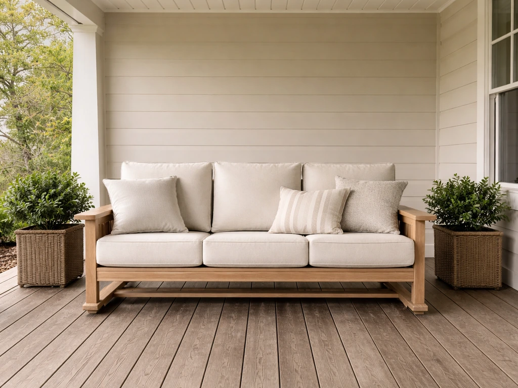 Cushioned porch glider seating set on a covered front porch in soft daylight