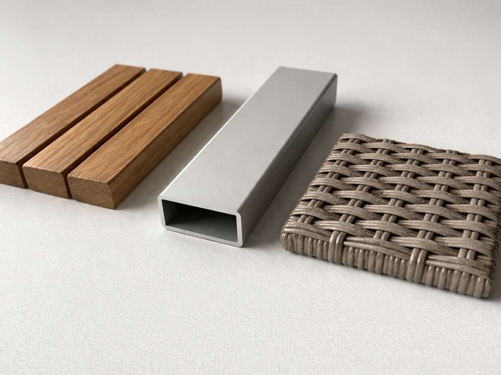 Close-up of teak wood, powder-coated aluminum, and resin wicker weave samples on a neutral surface.
