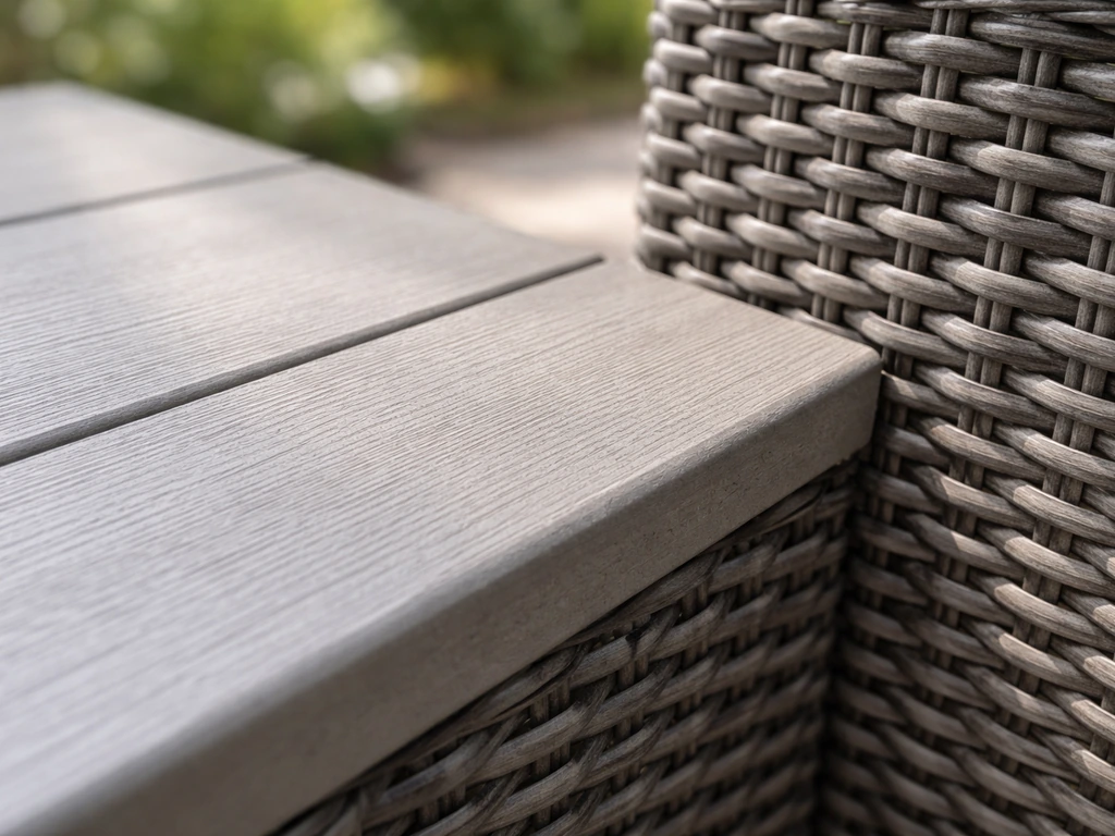 Closeup of HDPE/poly lumber and all-weather resin wicker weave textures outdoors in natural light.