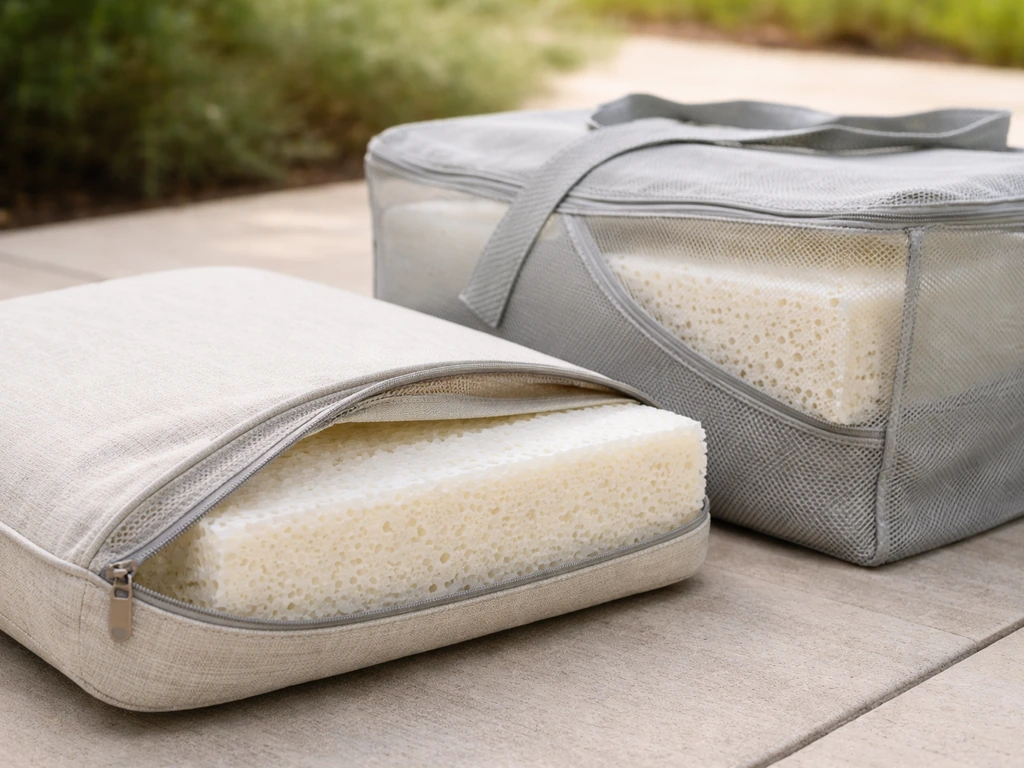 Outdoor cushion showing foam texture next to a mesh ventilated storage tote/bag for covers.