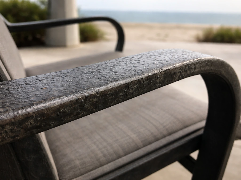 Closeup of a patio metal chair arm showing salt residue, moisture film, and rust pitting.