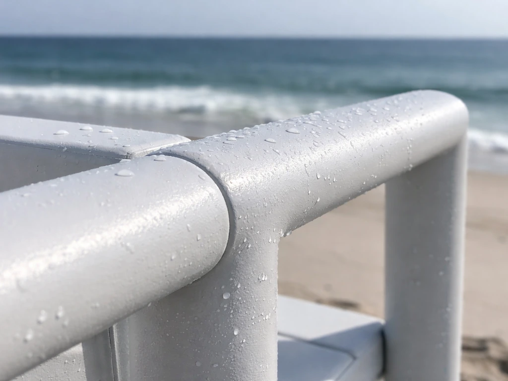 Close-up of powder-coated aluminum patio frame with a soft coastal ocean backdrop