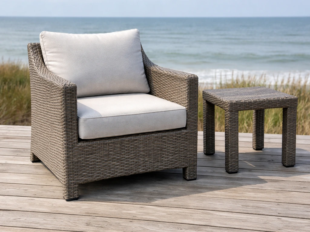 Outdoor patio furniture made of HDPE composite and synthetic wicker in a coastal setting