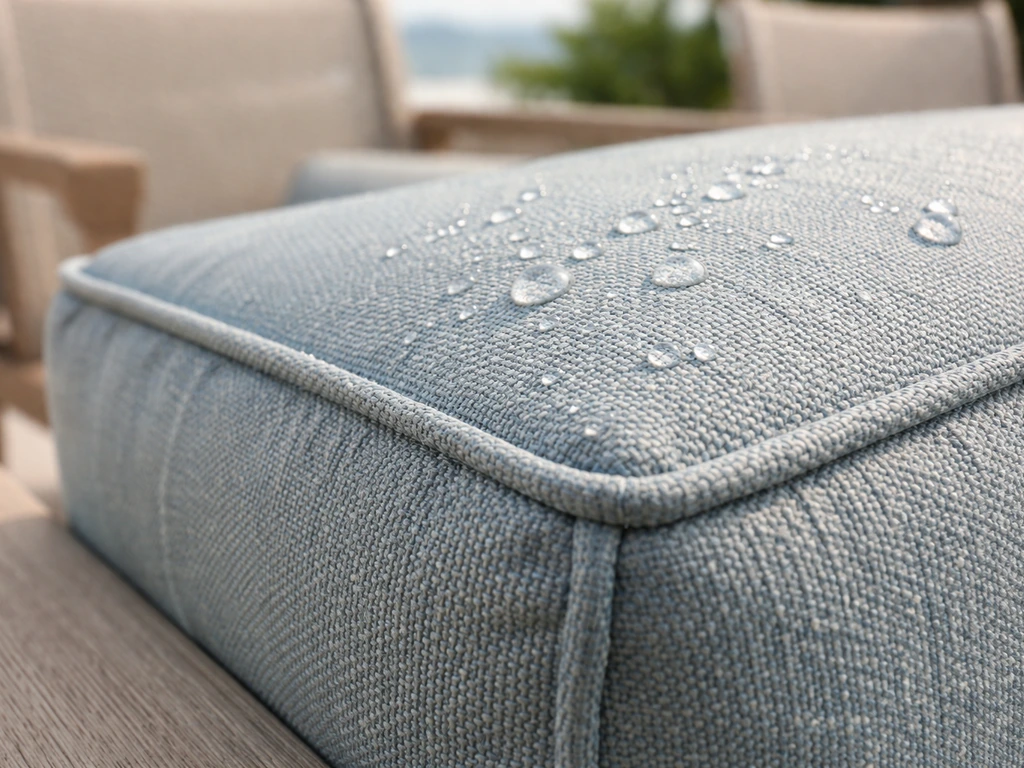 Close-up of water-beaded solution-dyed acrylic cushion fabric showing stitch detail for coastal patios.