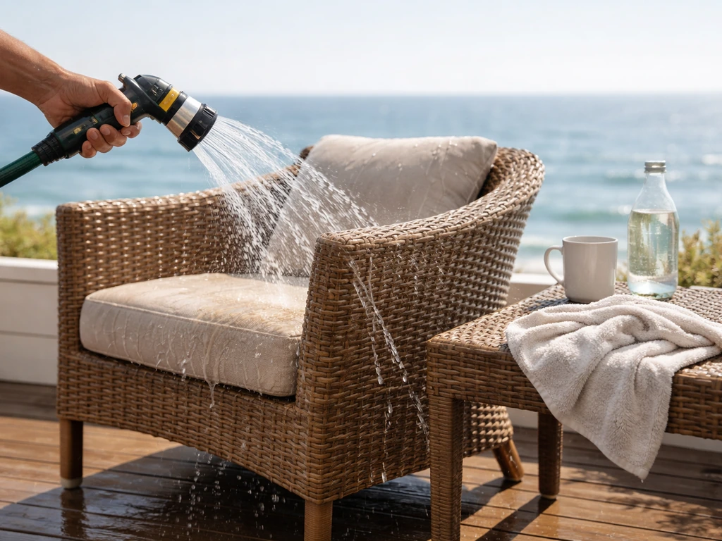 Hands rinse coastal patio wicker furniture with fresh water as droplets run off and it dries in sun.