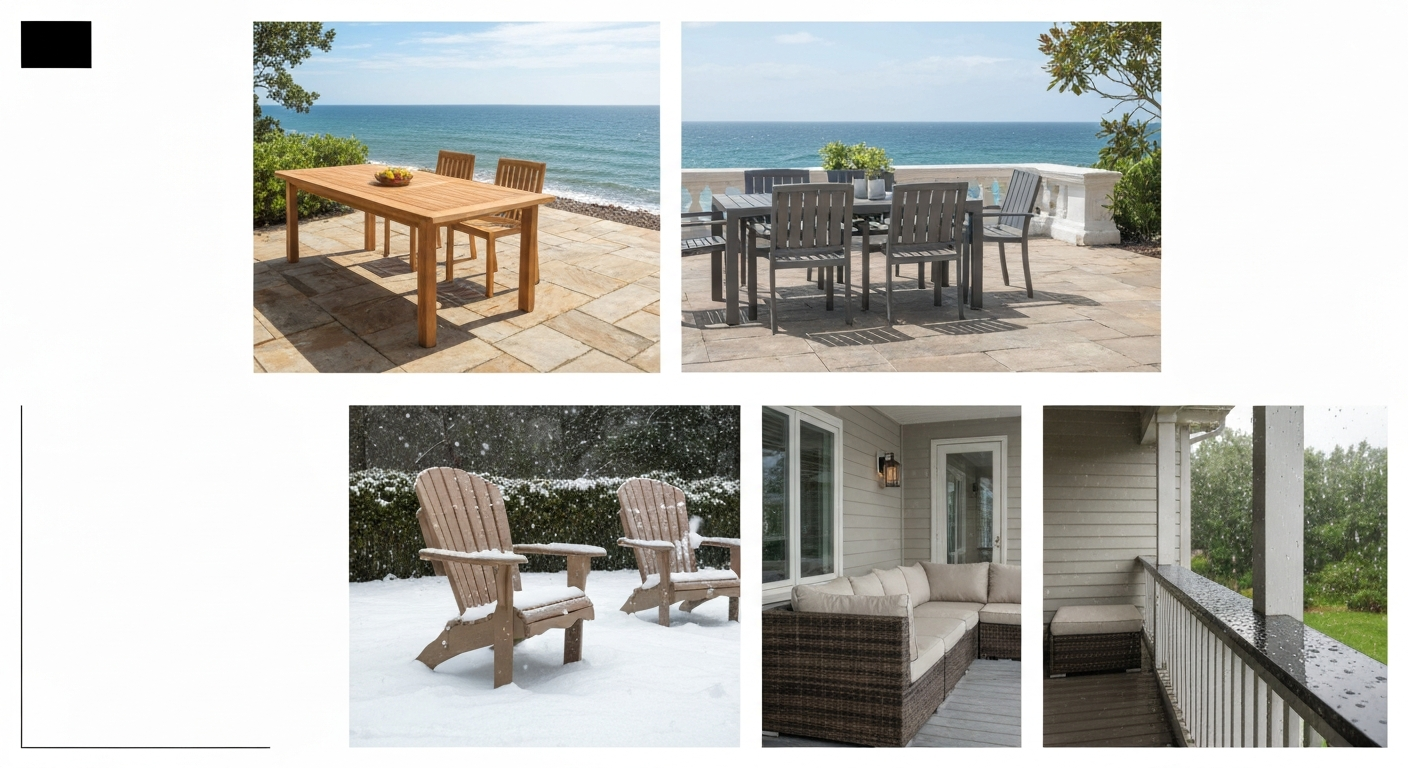 Montage showing teak, powder-coated cast aluminum, HDPE plastic lumber, and synthetic resin wicker patio furniture in sun, coastal, snowy, and rainy settings.