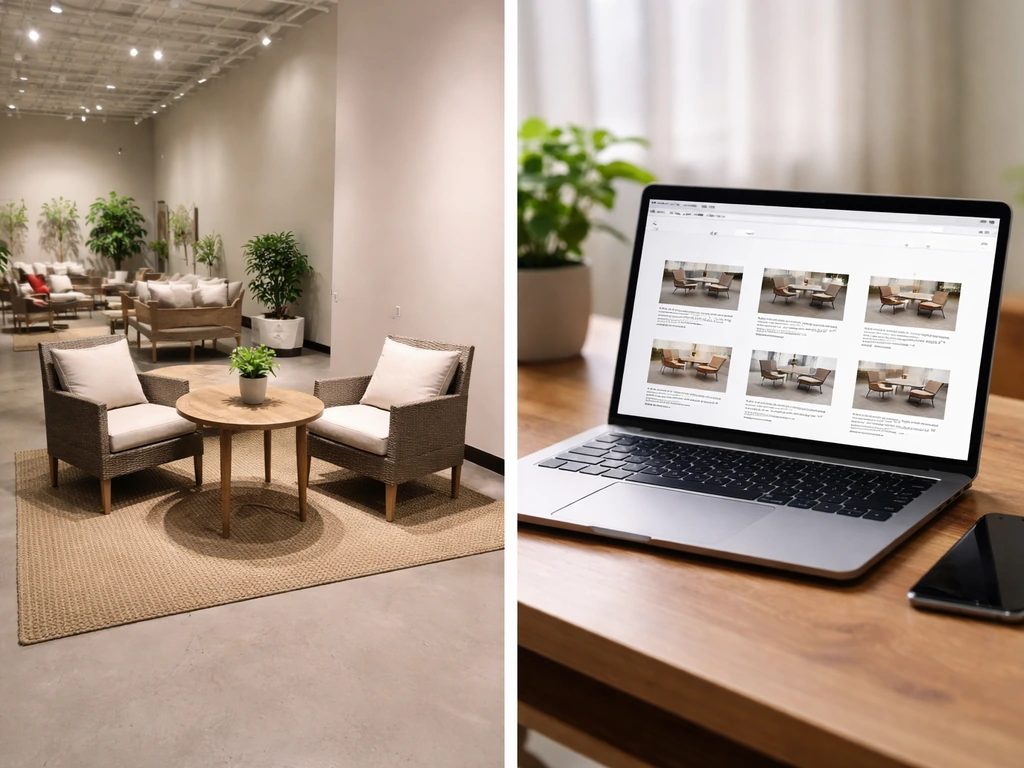 Two-panel view showing a patio furniture showroom aisle and an anonymous online comparison screen on a laptop.