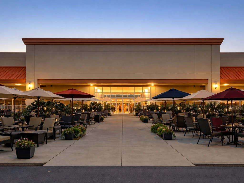 Home improvement big-box store facade with a neatly arranged outdoor patio furniture display