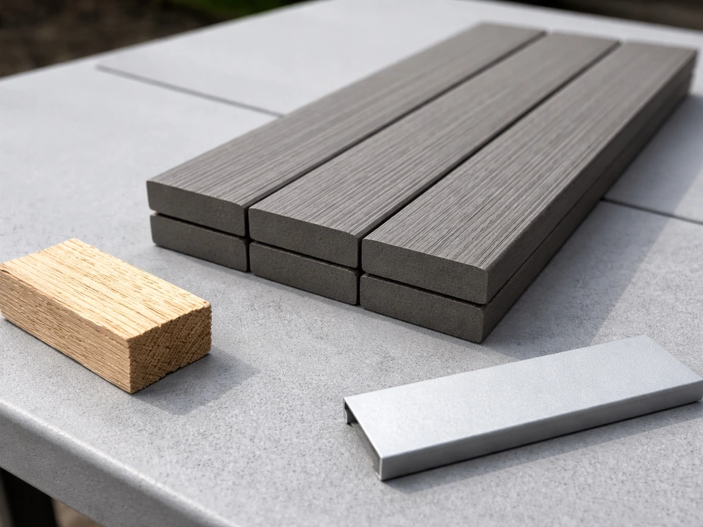 Close-up of HDPE/composite lumber boards beside distinct material samples on a simple outdoor workbench.
