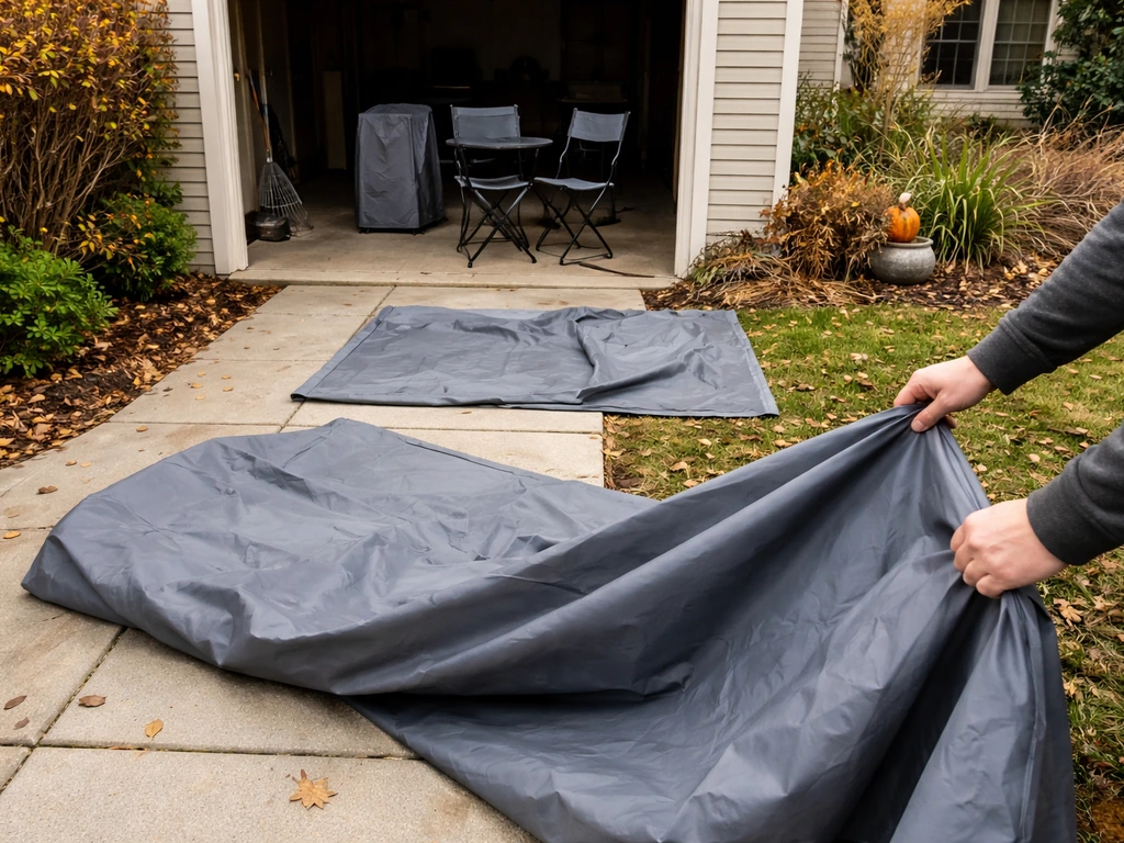 Small outdoor patio set being covered and moved indoors for winter storage
