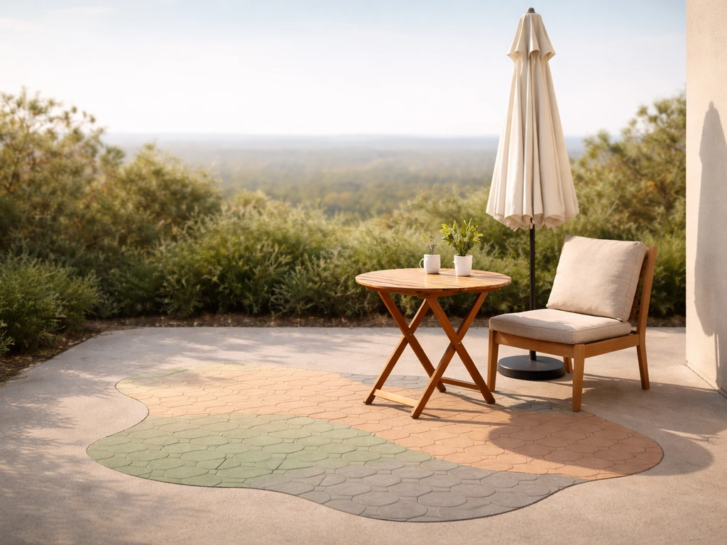 Minimal patio scene with cushioned chair and umbrella, subtle overlapping paver pattern suggesting climate zone overlap.