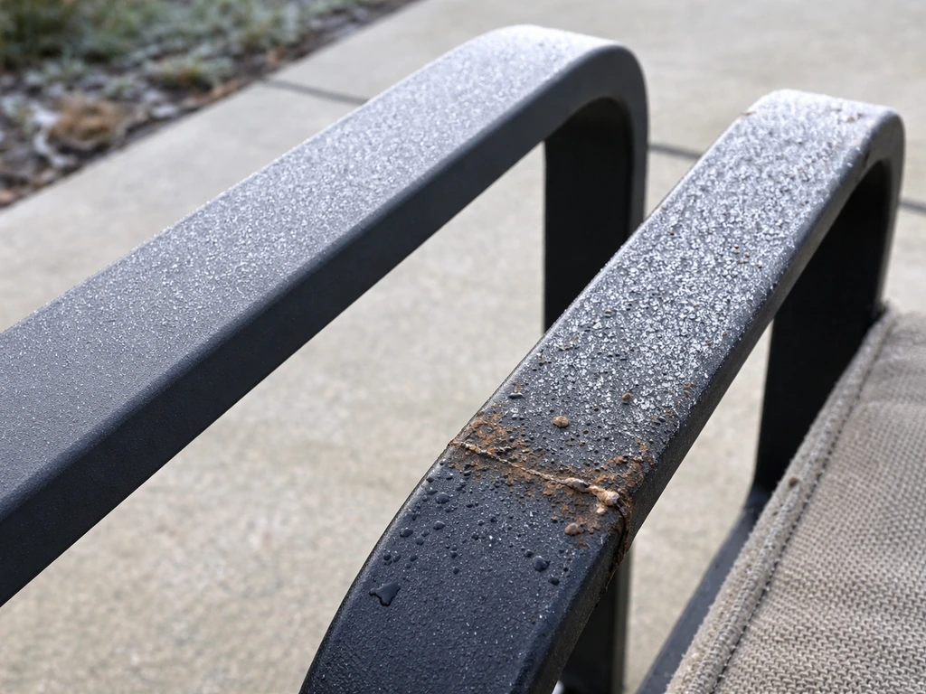 Powder-coated aluminum and steel patio chair parts outdoors, showing rust-prone steel after cold exposure.