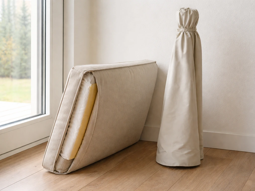 Outdoor cushion with exposed foam edge beside a rolled, covered umbrella indoors for winter storage.