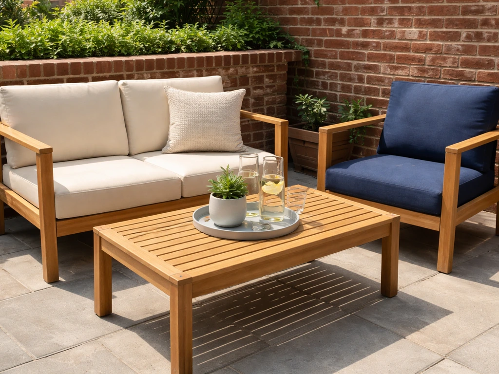 Bright patio with red brick backdrop and beige, navy, and wood-tone furniture in daylight.